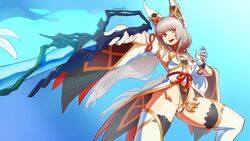  :o animal_ears blue_background breasts brown_eyes cat_ears cat_girl dekura detached_sleeves english_commentary female gloves grey_hair highleg highleg_leotard holding holding_sword holding_weapon leotard long_hair looking_at_viewer nia_(blade)_(xenoblade) nia_(xenoblade) open_mouth small_breasts solo sword teeth thighhighs twintails upper_teeth_only very_long_hair weapon white_gloves white_leotard white_sleeves white_thighhighs wide_sleeves xenoblade_chronicles_(series) xenoblade_chronicles_2 