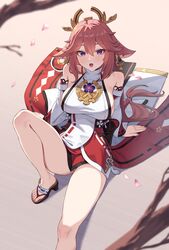  animal_ears bare_legs bare_shoulders breasts cherry_blossoms detached_sleeves earrings feet female floppy_ears foot_out_of_frame fox fox_ears genshin_impact highres japanese_clothes jewelry kadokadokado knee_up large_breasts legs long_hair looking_at_viewer nail_polish nontraditional_miko okobo open_mouth outdoors panties pantyshot pink_hair purple_eyes sandals sideboob sitting solo toenail_polish toenails toes underwear vision_(genshin_impact) white_panties wide_sleeves yae_miko 