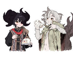  2girls asymmetrical_horns black_hair cake cape eating ekrea_jan elden_ring food fork genderswap_(mtf) highres holding holding_fork horns margit_the_fell_omen mohg_lord_of_blood morgott_the_omen_king multiple_girls multiple_horns naked_cape orange_eyes rule_63 short_hair tail white_background white_hair yellow_eyes 