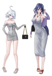  2girls :d absurdres ahoge alternate_costume armpits bare_shoulders blue_eyes blue_hair breasts cleavage clorinde_(genshin_impact) collarbone commentary_request dongtan_dress dress flip-flops full_body furina_(genshin_impact) genshin_impact grey_dress hand_on_own_hip highres ilbanseomin jacket jewelry large_breasts long_hair long_sleeves looking_at_viewer meme_attire multiple_girls necklace off-shoulder_dress off_shoulder open_mouth pencil_dress purple_eyes purple_jacket sandals shoes short_dress short_hair simple_background single_bare_shoulder sleeveless sleeveless_dress small_breasts smile sneakers standing very_long_hair white_background white_hair 