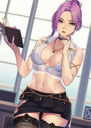  absurdres armlet ass_visible_through_thighs bare_shoulders black_choker black_panties black_skirt black_thighhighs blue_eyes book breasts choker cleavage collarbone commentary_request cowboy_shot crop_top dead_or_alive dead_or_alive_xtreme dead_or_alive_xtreme_venus_vacation elise_(doa) female frilled_shirt frills hair_bun highres hip_vent holding holding_book indoors jewelry kagematsuri looking_at_viewer medium_breasts midriff miniskirt navel necklace panties panty_peek parted_bangs parted_lips pencil_skirt purple_hair shirt sidelocks skindentation skirt sleeveless sleeveless_shirt solo standing thighhighs twitter_username underwear white_shirt window zettai_ryouiki 