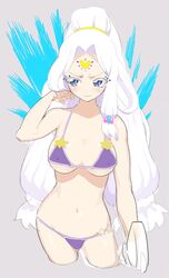  adjusting_hair averting_eyes bare_shoulders bikini blue_eyes breasts closed_mouth commentary_request cropped_legs embarrassed female forehead_jewel frown furrowed_brow grey_background hand_up janis_(pripara) long_hair looking_to_the_side low-tied_long_hair medium_breasts moudoku_(decopon3rd) navel parted_bangs ponytail pretty_series pripara purple_bikini solo standing swimsuit very_long_hair white_hair 