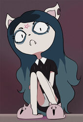  animal_ears black_dress black_eyes blue_hair cat_ears claire_d&#039;lune closed_mouth collared_dress dress facial_mark fangs female forehead_mark full_body furry furry_female haruyama_kazunori long_hair looking_at_viewer makeup panties short_sleeves slippers solo the_summoning toon_(style) underwear upskirt very_long_hair white_panties 