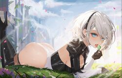  2b_(nier:automata) ass black_hairband blue_eyes boots breasts clothing_cutout feather-trimmed_sleeves feather_trim female gloves hairband highleg highleg_leotard highres juliet_sleeves leotard long_sleeves looking_at_viewer medium_breasts mole mole_under_mouth neo_(neorarty3) nier:automata nier_(series) no_blindfold puffy_sleeves short_hair solo teeth thighhighs thighhighs_under_boots thong_leotard tongue tongue_out upper_teeth_only white_hair white_leotard 