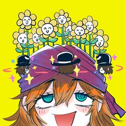  2others @_@ aqua_eyes black_headwear blush_stickers brown_hair chinese_commentary cine_hamal closed_eyes commentary enraku_tsubakura flower flower_with_face hair_between_eyes hat kuzu_suzumi len&#039;en multiple_others no_nose open_mouth other_focus purple_headwear sanpaku screentones seeing_stars short_hair simple_background smile turban xierweng yellow_background 