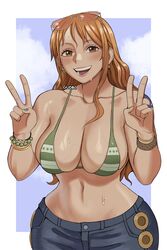  :d artist_name bikini bikini_top_only blush border bracelet breasts cleavage collarbone commentary double_v earrings english_commentary eyewear_on_head female green_nails gud0c highres jewelry large_breasts long_hair looking_at_viewer nami_(one_piece) navel one_piece open_mouth orange_eyes orange_hair paid_reward_available shoulder_tattoo smile solo sunglasses swimsuit tattoo teeth upper_body v wet white_border wide_hips 