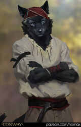  2023 anthro belt black_body black_fur black_nose blue_eyes bottomwear canid canine canis clothed clothing conway_(game) fur head_covering looking_at_viewer male mammal nomax pants red_belt shirt solo tail text topwear url white_clothing white_shirt white_topwear wolf wolf_(conway) 