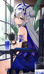  amane_kanata amane_kanata_(another_world) bandaged_arm bandages bare_legs bare_shoulders bendy_straw black_gloves blue_dress blue_hair blurry blurry_background blurry_foreground bokeh breasts colored_inner_hair commentary_request depth_of_field dress drink drinking_straw earrings female from_side gloves grey_hair hair_between_eyes hair_bun hair_ornament halo highres holding hololive indoors jewelry long_hair looking_at_viewer multicolored_hair official_alternate_costume purple_eyes sitting sleeveless sleeveless_dress small_breasts solo star_halo streaked_hair thomas_8000 virtual_youtuber 