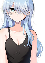  betock black_tank_top blue_eyes blue_hair breasts cleavage female hair_over_one_eye highres ironna_onnanoko_to_kiss_wo_shiteitara_yuri_kiss_ni_mezamete_shimaimashita long_hair looking_at_viewer medium_breasts official_art sariel_(kiss_yuri) solo tank_top white_background 