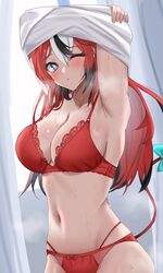  alternate_breast_size armpits arms_up black_hair blue_eyes blurry blurry_background blush bow bow_panties bra breasts cleavage clothes_lift curtains female hair_between_eyes hakos_baelz highres hololive hololive_english indoors lace-trimmed_bra lace_trim large_breasts lifting_own_clothes long_hair looking_at_viewer mouse_girl mouse_tail multi-strapped_panties multicolored_hair navel one_eye_closed panties parted_lips red_bra red_hair red_panties shirt shirt_lift smelly_armpits solo steaming_body stomach strap_gap streaked_hair sweat sweatdrop tail tail_bow tail_ornament tail_raised underwear underwear_only undressing very_sweaty virtual_youtuber white_hair white_shirt yobi_(ybpac18) 