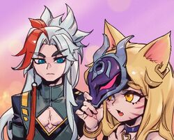  1boy ahri_(league_of_legends) animal_ears bad_link blonde_hair blue_eyes closed_mouth earrings facial_mark female fox_ears fox_girl heartsteel_yone jacket jewelry k/da_(league_of_legends) k/da_ahri league_of_legends long_hair looking_at_another looking_at_viewer male_focus mask multicolored_hair oerba_yun_fang official_alternate_costume official_alternate_hairstyle open_mouth phantom_ix_row red_hair sidelocks streaked_hair upper_body whisker_markings white_hair yellow_eyes yone_(league_of_legends) 