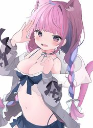  alternate_costume animal_ears braid breasts cat_ears cleavage commentary female highres hololive minato_aqua multicolored_hair navel nocchi_(r_ws2l) oerba_yun_fang off_shoulder pink_eyes pink_hair skin_fang streaked_hair twin_braids virtual_youtuber 