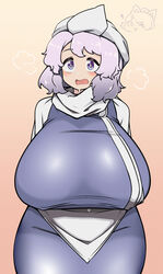  absurdres apron breasts character_watermark commentary english_commentary female gradient_background highres huge_breasts letty_whiterock looking_at_viewer open_mouth orange_background purple_eyes purple_hair rinyamame romaji_commentary short_hair solo touhou white_apron white_headwear 