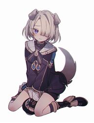  1boy animal_ears black_footwear black_gloves black_shorts blush boots closed_mouth coojisan dog_boy dog_ears dog_tail fingerless_gloves freckles freminet_(genshin_impact) genshin_impact gloves grey_hair hair_over_one_eye hat long_sleeves male_focus otoko_no_ko short_shorts shorts simple_background solo tail unworn_hat unworn_headwear white_background 