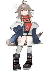  :t ahoge animal_ears arknights black_footwear black_shorts blue_jacket breasts brown_hair closed_mouth cutter_(arknights) eating female food full_body grey_socks hair_between_eyes hair_ornament hairclip high_collar highres holding holding_food inu_to_milk jacket long_sleeves off_shoulder open_clothes open_jacket puffy_long_sleeves puffy_sleeves red_eyes red_shirt ribbed_socks shirt shoes short_shorts shorts sitting sleeveless sleeveless_shirt small_breasts socks solo tail translation_request twitter_username x_hair_ornament 