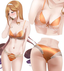  absurdres ass asymmetrical_sidelocks bra breasts commission drill_hair female gradient_hair hairband highres kantai_collection long_hair medium_breasts multicolored_hair navel orange_bra orange_hair orange_panties panties pixiv_commission purple_eyes purple_hair satin satin_bra satin_panties tama_(tamago) underwear underwear_only white_hairband yuugure_(kancolle) 