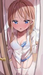  :o aoba_miu blonde_hair blue_bra blue_eyes blue_panties blush bra bra_peek bra_visible_through_clothes breasts button_gap buttons chigusa_minori cleavage collarbone collared_shirt commentary_request door door_handle doorway dress_shirt female floral_print frilled_bra frills garter_straps highres indoors kokoro_iroduku_koi_ga_shitai long_hair long_sleeves looking_at_viewer medium_breasts mole mole_on_thigh no_pants open_door open_mouth opening_door panties parted_lips pov_doorway shade shirt sidelocks skindentation solo standing thighhighs translated underwear wet white_shirt white_thighhighs 