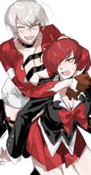  2girls blush breasts choker cleavage cropped_jacket genderswap_(mtf) gloves hair_over_eyes heart heart_choker highres jewelry large_breasts multiple_girls nanakase_yashiro pretty_yashiro red_eyes red_hair rule_63 school_uniform secondary_0000 short_hair short_shorts shorts smile snk the_king_of_fighters the_king_of_fighters_all-stars white_hair yagami_iori yuri 