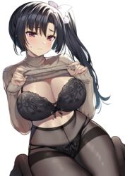  black_bra black_hair black_panties blush bra breasts cleavage clothes_lift commentary_request covered_navel female gakkou_de_seishun! gusset hair_ornament hair_ribbon high-waist_pantyhose highres kamino_saori lace-trimmed_bra lace_trim large_breasts lifting_own_clothes long_sleeves looking_at_viewer panties pantyhose red_eyes ribbon sanshoku_amido side_ponytail simple_background thighband_pantyhose underwear unworn_clothes white_ribbon 