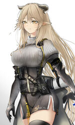  aran_sweater arknights black_gloves black_shorts black_thighhighs breasts brown_eyes brown_hair cable_knit closed_mouth commentary_request cowboy_shot elbow_gloves female gloves gradient_background grey_background grey_sweater groin hair_between_eyes highres horns large_breasts long_hair looking_at_viewer meteorite_(arknights) pointy_ears puffy_short_sleeves puffy_sleeves ribbed_sweater short_shorts short_sleeves shorts smile solo sweater thighhighs turtleneck turtleneck_sweater very_long_hair white_background yokaze_(yokajie) 