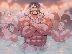  4boys abs bara beard black_hair closed_eyes crossed_arms daikoku_(housamo) facial_hair forearms furry furry_male furry_with_non-furry halo halo_behind_head highres hogen_(housamo) horns interspecies large_pectorals male_focus multicolored_hair multiple_boys muscular muscular_male navel nipples oguchi_magami onsen pectorals rybiok short_hair single_horn smile tajikarao_(housamo) teeth thick_arms tokyo_afterschool_summoners towel towel_around_waist two-tone_hair water white_hair 