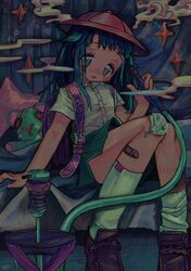  arm_support backpack bag bandaid bandaid_on_leg blue_eyes blue_hair blush collared_shirt commentary_request curtains female gauze_on_knee green_skirt hair_flaps hat head_tilt highres holding hookah injury kneehighs knees_up loafers long_hair looking_at_viewer loose_kneehigh mero_(o0x0o0o) on_bed open_mouth original pink_bag raised_eyebrows randoseru school_hat school_uniform shirt shoes short_sleeves signature sitting skirt smile smoke socks solo sparkle stuffed_animal stuffed_toy tareme teddy_bear white_shirt white_socks 