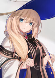  aesc_(fate) aesc_(rain_witch)_(fate) black_dress blonde_hair blue_eyes bow bowtie braid breasts brooch cloak dress fate/grand_order fate_(series) female glasses gold_trim hat jewelry long_hair long_sleeves looking_at_viewer medium_breasts neko_daruma round_eyewear side_ponytail smile solo two-tone_dress unworn_eyewear white_cloak white_dress white_hat wide_sleeves witch_hat 