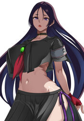  black_choker black_serafuku black_shirt breasts choker crop_top crop_top_overhang fate/grand_order fate_(series) female highres huge_breasts indy_k long_hair looking_at_viewer minamoto_no_raikou_(fate) minamoto_no_raikou_(swimsuit_lancer)_(second_ascension)_(fate) navel parted_bangs purple_eyes purple_hair school_uniform serafuku shirt skirt solo white_background 