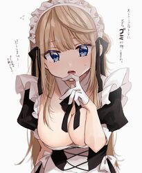  aoba_miu black_dress blonde_hair blue_eyes breasts chigusa_minori cleavage clip_studio_paint_(medium) commentary_request detached_collar dress female finger_to_own_chin gloves half_gloves highres kokoro_iroduku_koi_ga_shitai large_breasts long_hair looking_at_viewer maid maid_headdress open_mouth puffy_short_sleeves puffy_sleeves short_sleeves sidelocks simple_background single_hair_tube solo sweatdrop teeth translation_request upper_body white_background white_gloves 