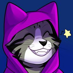  1:1 anthro cloak clothing domestic_cat felid feline felis fur grey_body grey_fur happy headshot_portrait magic_user male mammal portrait purple_clothing rindeadsong smile star white_body white_fur 