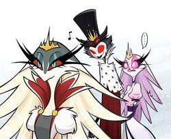  anthro avian bird clothing distracted_boyfriend dress feathers female group hat headgear headwear helluva_boss humor male meme owl owl_demon pink_eyes red_eyes simple_background stella_(helluva_boss) stolas_(helluva_boss) top_hat trio white_body white_feathers xszwhr 