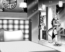  2girls ^^^ antlers armor bed blush breasts commentary_request dragon_girl dragon_tail earrings flower full_body greyscale half-skirt high_heels highres horns hotel_room indoors jewelry kicchou_yachie lamp long_bangs looking_at_viewer monkey_tail monochrome multiple_girls multiple_rings open_mouth pauldrons peeking_out pillow pointy_ears ring ryuuichi_(f_dragon) shirt short_hair short_sleeves shoulder_armor small_breasts smile socks son_biten sparkle standing tail touhou turtle_shell vase window 