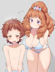  1boy ? aikatsu! aikatsu!_(series) arms_behind_back bikini blue_bikini blush breasts brown_eyes brown_hair character_request cleavage drill_hair female flower grey_background hair_flower hair_ornament himesato_maria large_breasts long_hair mukuba open_mouth orange_hair purple_eyes staring swimsuit twin_drills 