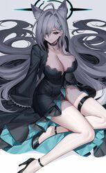  absurdres ahoge animal_ear_fluff animal_ears black_choker black_dress black_halo blue_archive blue_eyes breasts choker cleavage collarbone commentary_request cross_hair_ornament dress eternity_(shadeh) extra_ears female grey_hair hair_ornament halo highres large_breasts legs long_hair long_sleeves shiroko_(blue_archive) shiroko_terror_(blue_archive) sitting solo thigh_strap very_long_hair wolf_ears 