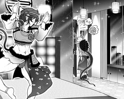  2girls abs anger_vein antlers armor barefoot bead_necklace beads bed blush breasts circlet cloud_print commentary_request detached_sleeves dragon_girl dragon_tail earrings embarrassed flower full_body greyscale half-skirt high_heels highres horns hotel_room indoors jewelry jumping jumping_on_bed kicchou_yachie lamp looking_at_another looking_back medium_breasts medium_hair midriff monkey_tail monochrome multiple_girls multiple_rings navel necklace panties pauldrons pillow pointy_ears print_skirt ring ryuuichi_(f_dragon) shirt short_hair short_sleeves shoulder_armor shoulder_tattoo single_pauldron skirt small_breasts socks son_biten sparkle spoken_anger_vein standing tail tattoo touhou turtle_shell underwear vase window 