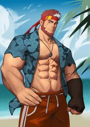  1boy abs akunaakun_(kunkun586586) alternate_costume arm_hair bandages bara beach beard bulge clenched_hands facial_hair hawaiian_shirt headband highres indie_virtual_youtuber large_hands large_pectorals male_focus mature_male multicolored_hair muscular muscular_male navel navel_hair open_clothes open_shirt outdoors pectoral_cleavage pectorals red_hair red_headband ryuugen_drake sanpaku scar scar_across_eye shirt short_hair solo stomach streaked_hair strongman_waist thick_eyebrows virtual_youtuber water white_hair 