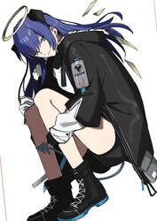  arknights asymmetrical_gloves black_footwear black_gloves black_jacket black_shorts blue_eyes blue_hair brown_wings closed_mouth detached_wings female gloves hair_between_eyes halo horns inu_to_milk jacket knees_up long_hair long_sleeves looking_at_viewer mismatched_gloves mostima_(arknights) open_clothes open_jacket puffy_long_sleeves puffy_sleeves shirt shoes short_shorts shorts simple_background sleeves_past_wrists smile solo squatting tail very_long_hair white_background white_gloves white_shirt wings 