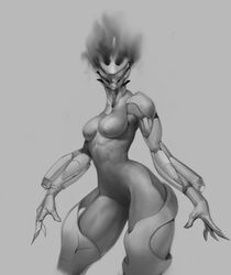  2019 4_fingers abs alien alien_humanoid armor athletic athletic_female biped bracers breasts cocked_hip digital_extremes ember_(warframe) eyeless featureless_breasts featureless_crotch female fingers front_view grey_background hi_res humanoid leg_armor medium_breasts monochrome mostly_nude noseless not_furry pauldron portrait pose pseudo_hair shaded simple_background small_waist smoke smoke_hair solo standing tencent tenno thick_thighs three-quarter_portrait towerpractice unconvincing_armor warframe wide_hips 