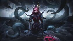  armlet black_bodysuit black_sclera bodysuit bracelet breasts cloud colored_sclera coven_nami female highres jewelry large_breasts league_of_legends long_hair monster_girl nami_(league_of_legends) official_alternate_costume outdoors partaytoes pink_hair rain red_eyes scylla staff tentacle water wet wet_clothes wet_hair 