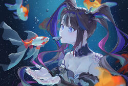  air_bubble airi_kanna antlers bare_shoulders black_choker blue_hair brown_hair bubble candy chocolate choker colored_inner_hair detached_sleeves female fish food goldfish heart heart-shaped_chocolate highres horns jewelry koi long_sleeves mouth_hold multicolored_hair nyamunyamu pink_hair puffy_long_sleeves puffy_sleeves quad_tails ring stellive strapless streaked_hair underwater valentine virtual_youtuber 