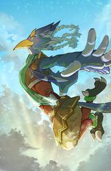  anthro armor avian beak bird blue_body blue_feathers braided_hair breath_of_the_wild chikichikitaron eyebrows feathers feet foreshortening green_eyes hair hi_res leather leather_armor male nintendo revali rito scarf solo talons the_legend_of_zelda thick_eyebrows toes 