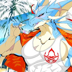  1:1 anthro beach black_sclera blue_body clothing dragon eyewear hair hi_res hydoor lifewonders live_a_hero male muscular muscular_anthro muscular_male mythological_creature mythological_scalie mythology pecs red_eyes scalie scar seaside shirt solo starodinblack sunglasses tank_top topwear towel white_hair 