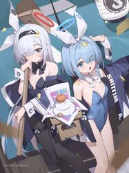  2girls absurdres animal_ears arona_(blue_archive) bare_shoulders bilibili_xiaolu black_bow black_bowtie black_eyes black_hairband black_leotard black_pantyhose blue_archive blue_eyes blue_hair blue_leotard blush bow bow_hairband bowtie braid breasts closed_mouth commentary_request covered_navel detached_collar eyes_visible_through_hair fake_animal_ears food from_above fruit grey_hair hair_over_one_eye hairband halo hammer highleg highleg_leotard highres holding holding_hammer jacket kagami_mochi leotard long_hair looking_at_viewer mandarin_orange multiple_girls open_clothes open_jacket open_mouth pantyhose partial_commentary plana_(blue_archive) playboy_bunny rabbit_ears rabbit_tail short_hair small_breasts strapless strapless_leotard tail thigh_strap very_long_hair white_bow white_bowtie wrist_cuffs 