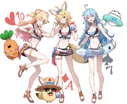  3girls :d ;d absurdres ahoge animal_ear_fluff animal_ears bikini bikini_skirt black_shirt black_shorts blonde_hair blue_hair bracelet breasts cleavage double_bun flower food fox_ears fox_girl front-tie_bikini_top front-tie_top gradient_hair green_eyes grin hair_bun hair_flower hair_ornament heart heart_ahoge heart_hands highleg highleg_bikini highres hololive hololive_summer_2023_swimsuit jewelry layered_bikini long_hair momosuzu_nene multicolored_hair multiple_girls navel nekko_(momosuzu_nene) oerba_yun_fang official_alternate_costume omaru_polka one_eye_closed open_mouth pink_hair pointy_ears sandals shaved_ice shirt shorts smile streaked_hair striped_bikini striped_clothes swimsuit toeless_footwear two_side_up virtual_youtuber white_bikini yami_ara yellow_eyes yukihana_lamy yukimin_(yukihana_lamy) zain_(omaru_polka) 