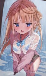  aoba_miu blonde_hair blue_bow blue_bowtie blue_bra blue_eyes blue_panties blush bow bowtie bra bra_visible_through_clothes cardigan chigusa_minori commentary_request cowboy_shot dress_shirt dripping female frilled_bra frills frown garter_straps grey_skirt highres kokoro_iroduku_koi_ga_shitai long_hair long_sleeves looking_at_viewer lower_teeth_only miniskirt open_cardigan open_clothes open_mouth panties pantyshot pink_cardigan plaid plaid_bow plaid_bowtie pleated_skirt puddle rain school_uniform see-through see-through_shirt shade shirt sidelocks single_hair_ring skirt solo teeth thighhighs translated underwear wet wet_clothes white_shirt white_thighhighs wringing_clothes wringing_skirt 