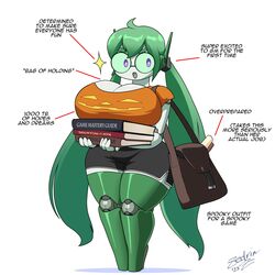  1:1 absurd_res ahoge big_breasts bit_(zedrin) book bottomwear breasts cleavage clothed clothing english_text female green_hair hair hi_res huge_breasts humanoid long_hair machine not_furry open_mouth purple_eyes robot robot_humanoid satchel shadow shirt shorts signature simple_background smile solo text thick_thighs topwear wide_hips zedrin 