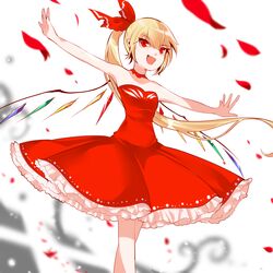  :d alternate_costume alternate_hairstyle blonde_hair blurry blurry_background dress feet_out_of_frame female flandre_scarlet frilled_dress frills hair_between_eyes long_hair mindoll multicolored_wings oerba_yun_fang one-hour_drawing_challenge open_mouth petals ponytail red_dress red_eyes red_petals rose_petals smile solo strapless strapless_dress t-pose touhou very_long_hair wings 