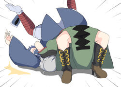  2others ahoge androgynous bandaged_leg bandages bent_over black_footwear black_scarf blue_dress blue_hair blue_headwear blunt_ends boots bow brown_footwear commentary_request dress emphasis_lines footwear_bow fujiwara_no_shirogane_no_sanra green_dress grey_hair hat high_heel_boots high_heels highres japanese_clothes kashiwagi_kaoru knee_boots len&#039;en long_dress long_sleeves military_uniform multiple_others no_headwear no_shoes other_focus ougi_hina pagoda puffy_shorts red_trim scarf shadow short_hair short_sleeves shorts socks tate_eboshi two-tone_footwear uniform unworn_hat unworn_headwear white_background white_shorts white_socks wide_sleeves yellow_bow 