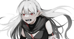  absurdres arknights armband black_shirt braid breasts cross fangs female floating_hair grey_hair hair_between_eyes highres inu_to_milk long_hair medium_breasts open_mouth pointy_ears red_eyes shirt simple_background solo teeth twitter_username upper_body v-shaped_eyebrows very_long_hair warfarin_(arknights) watermark white_background 