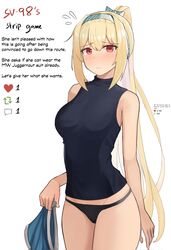  black_panties blonde_hair breasts commentary corrupted_twitter_file english_commentary english_text female gamryous girls&#039;_frontline highres long_hair meme no_pants panties ponytail red_eyes shirt simple_background sleeveless sleeveless_shirt solo sv-98_(girls&#039;_frontline) sv-98_(mod3)_(girls&#039;_frontline) twitter_strip_game_(meme) underwear white_background 